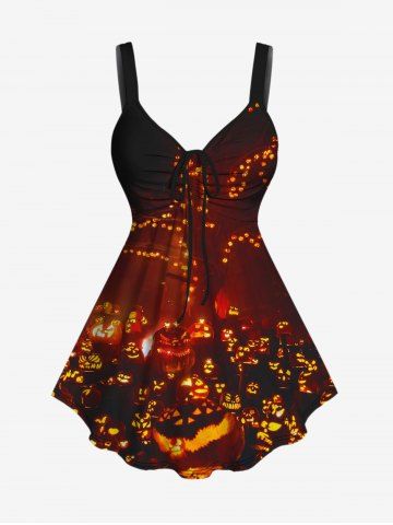 Plus Size Halloween Pumpkin Glitter Print Cinched Tank Top