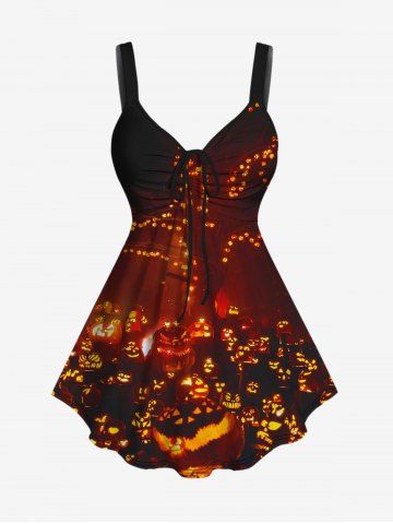 Plus Size Halloween Pumpkin Glitter Print Cinched Tank Top - DEEP COFFEE - 6X