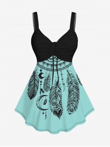Plus Size Feather Moon Dreamcatcher Print Cinched Tank Top