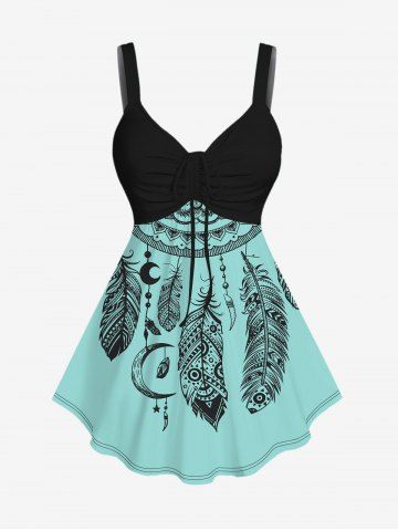 Plus Size Feather Moon Dreamcatcher Print Cinched Tank Top - LIGHT BLUE - 4X