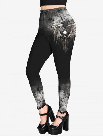 Gothic Skull Wings Tie Dye Print Ombre Halloween Skinny Leggings - BLACK - L