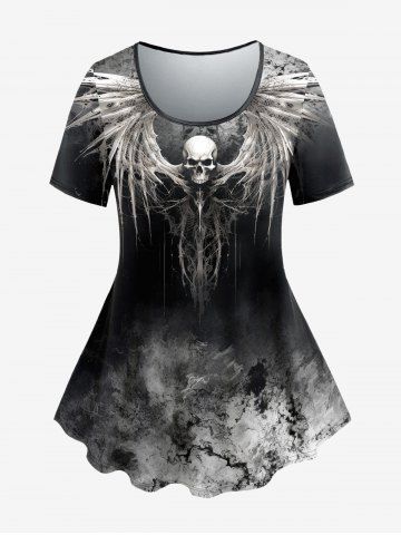 Gothic Skull Wings Tie Dye Print Ombre Halloween T-shirt - BLACK - XS