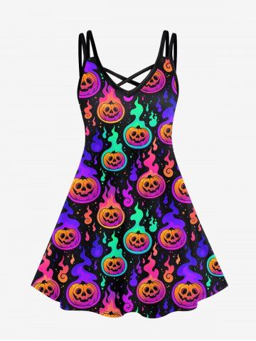Plus Size Cartoon Colorful Pumpkin Flame Print Crisscross Halloween Cami Dress - PURPLE - S