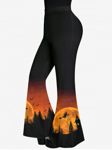 Gothic Bat Moon Tree Wizard House Print Ombre Halloween Flare Pants - BLACK - XS
