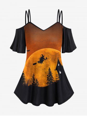 Gothic Moon Tree House Wizard Bat Print Cold Shoulder Halloween Cami T-shirt - BLACK - S