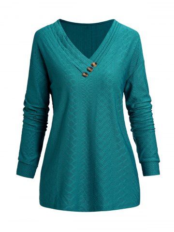 Plain Color Textured Mock Button Long Sleeve V Neck Casual Top - GREEN - L