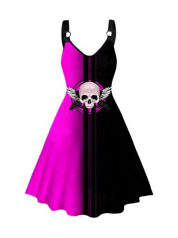 Skull and Wing Print Halloween O Ring V Neck Midi Dress - BLACK - L