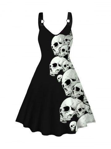 Colorblock Skull Print O Ring V Neck Sleeveless Casual Dress - BLACK - M