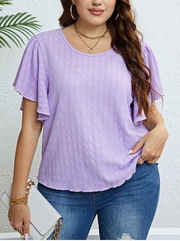 Plus Size Textured Plain Color Ruffle Sleeve Round Neck T Shirt