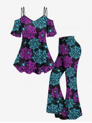 Gothic Colorful Spider Web Printed Cold Shoulder Cami T-shirt and Flare Pants Outfit -  
