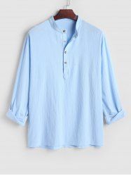 Men's Simple Style Plain Color Half Button Stand Collar Cotton and Linen Long Sleeves Pullover Shirt -  