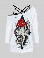 Ensemble de T-shirt à Imprimé Pieuvre à Col Oblique et de Camisole en Treillis - Blanc XL