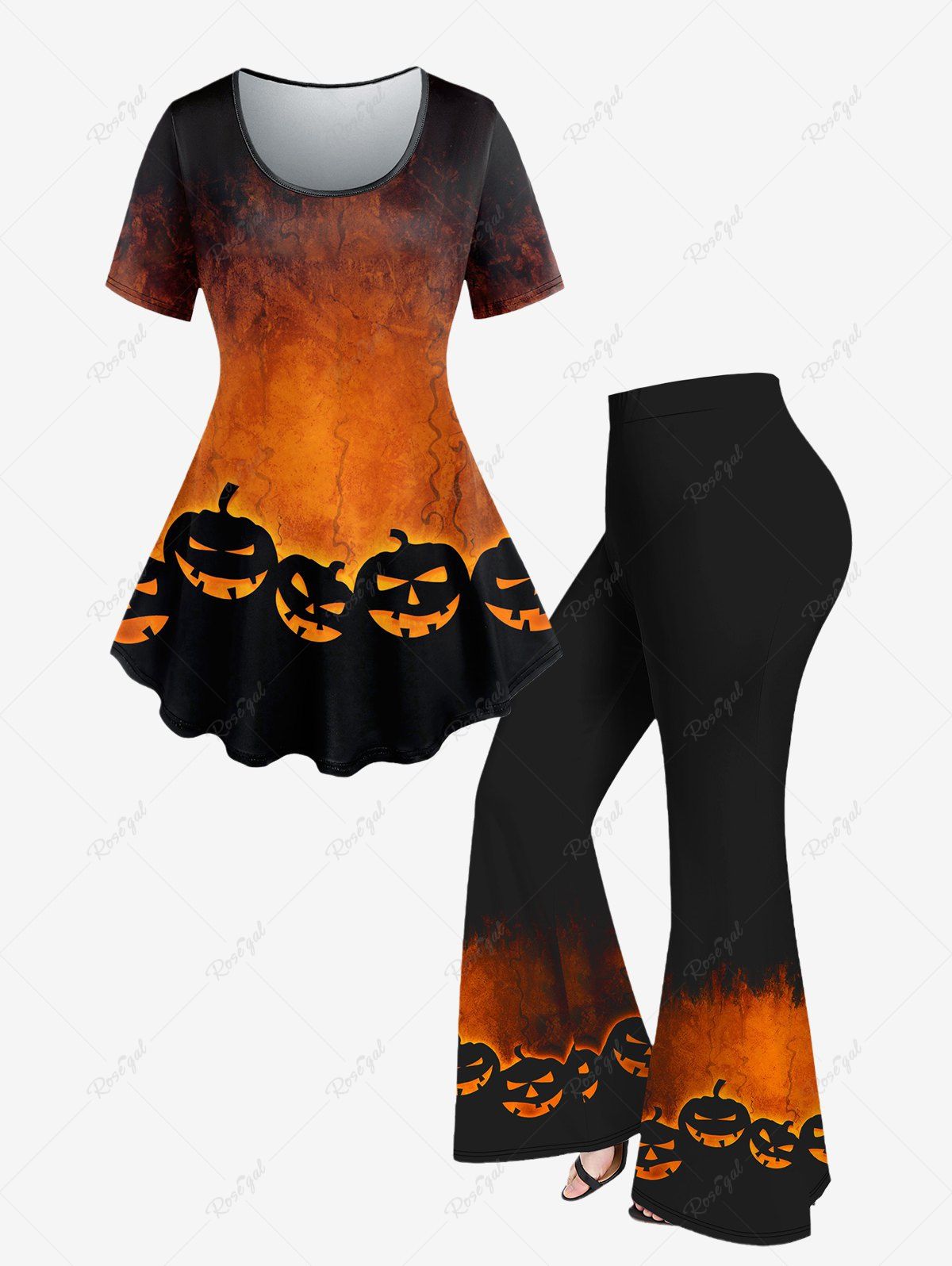 T-shirt D'Halloween Citrouille Imprimée à Manches Courtes de Grande Taille et Pantalon Evasé Orange 