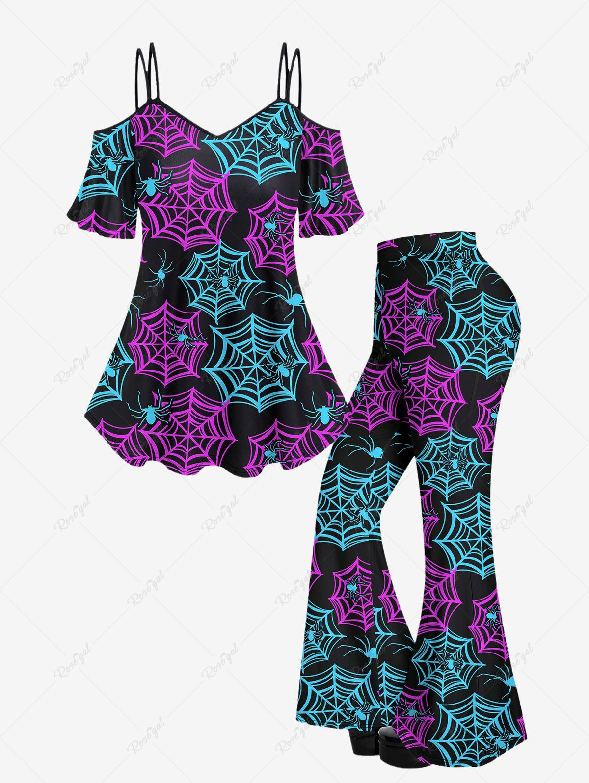 Outfits Gothic Colorful Spider Web Printed Cold Shoulder Cami T-shirt and Flare Pants Outfit  