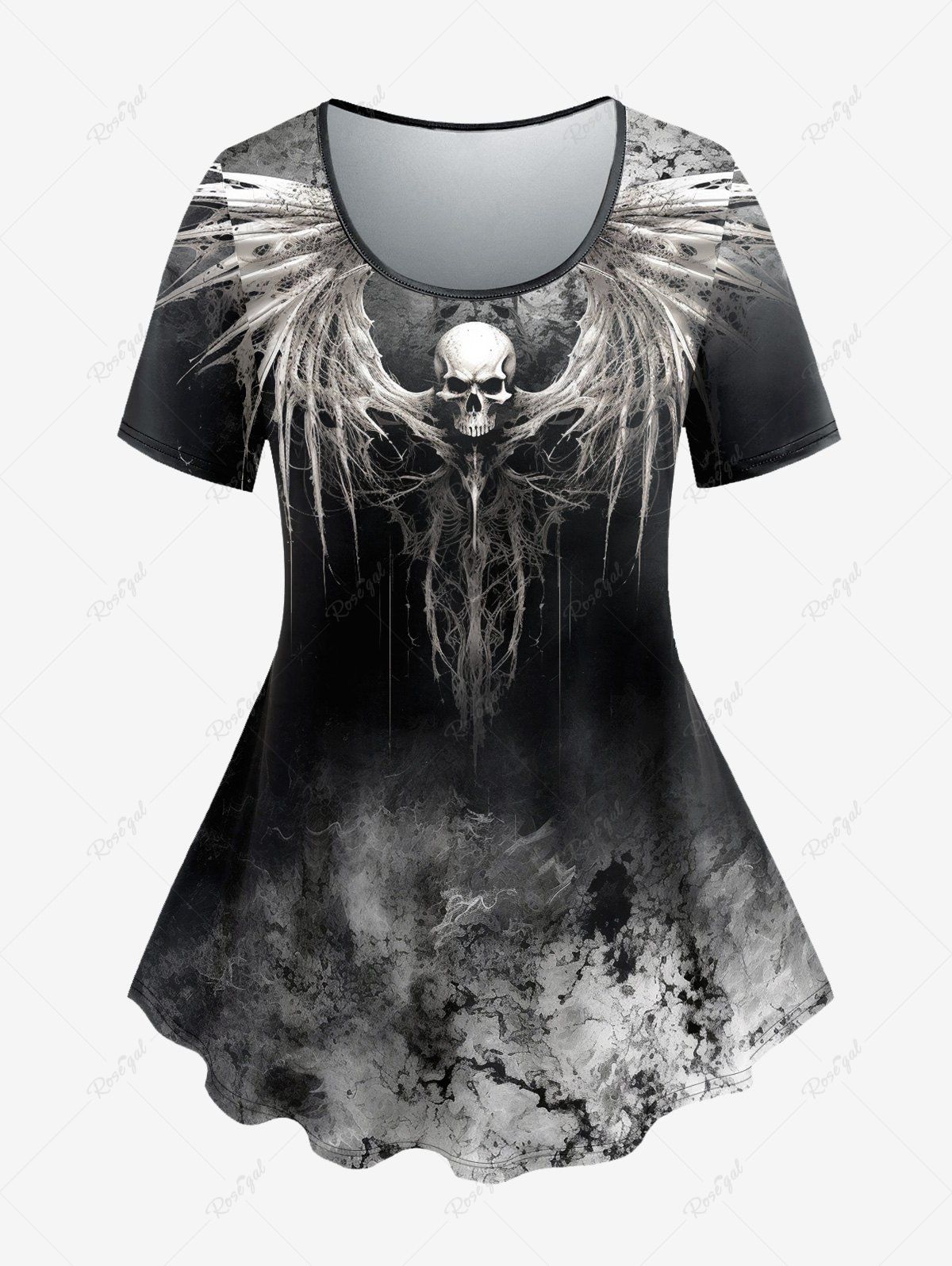 Online Gothic Skull Wings Tie Dye Print Ombre Halloween T-shirt  