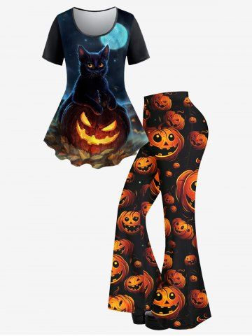 Halloween Cat Moon Pumpkin Leaf Print Short Sleeves T-shirt And Pumpkin Lantern Print Flare Pants Outfit - BLACK