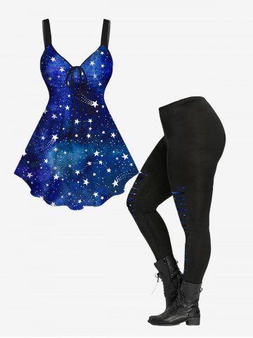 Galaxy Star Glitter Printed Cinched Tank Top and 3D Star Glitter Ripped Printed Skinny Leggings Plus Size Outfit