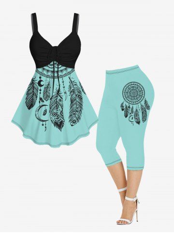Feather Moon Dreamcatcher Printed Cinched Tank Top and Capri Leggings Plus Size Outfit - LIGHT BLUE