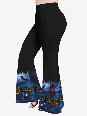 Plus Size Halloween Pumpkin Bat Scarecrow Print Bat Flare Pants