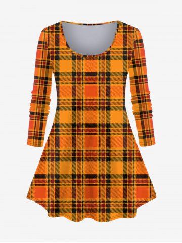 Plus Size Halloween Plaid Print T-shirt - ORANGE - 1X