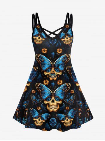 Gothic Butterfly Skull Floral Glitter Print Crisscross Halloween Cami Dress - BLACK - S