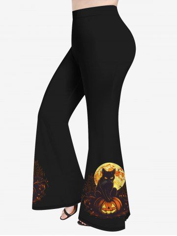 Plus Size Pumpkin Cat Moon Tree Glitter Print Halloween Flare Pants - BLACK - S