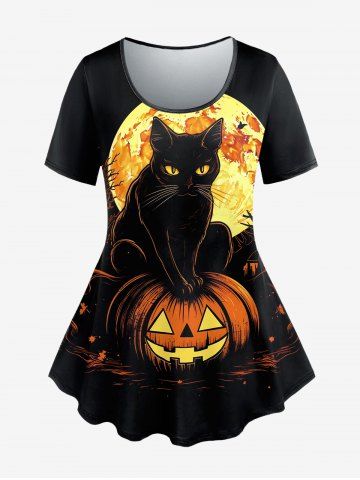 Plus Size Pumpkin Cat Moon Tree Glitter Print Halloween T-shirt