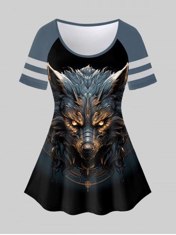 T-shirt Gothique Rayé Loup Imprimé à Manches Raglan à Paillettes - BLACK - 5X