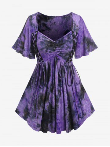 Plus Size Lace-up Ruched Flutter Sleeves Tie Dye Tee - Purple - M | Us 10