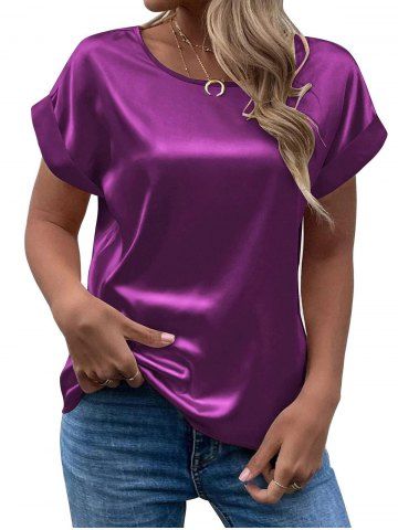 Plus Size Roll Up Sleeves Silky Solid Short Sleeves T-shirt - CONCORD - L