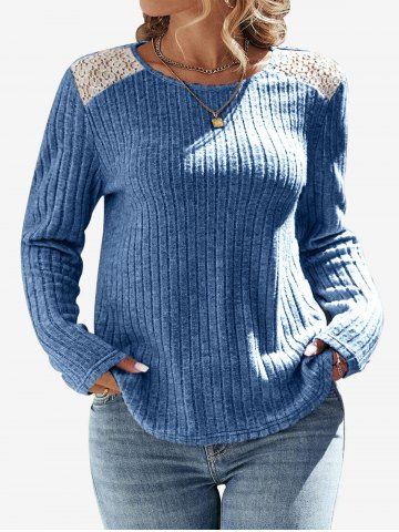 Plus Size Floral Lace Panel Shoulder Ribbed Knitted Long Sleeves T-shirt - BLUE - XL