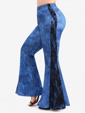 Plus Size Side Floral Lace Panel Pockets Denim Patchwork Flare Pants - BLUE - M | US 10
