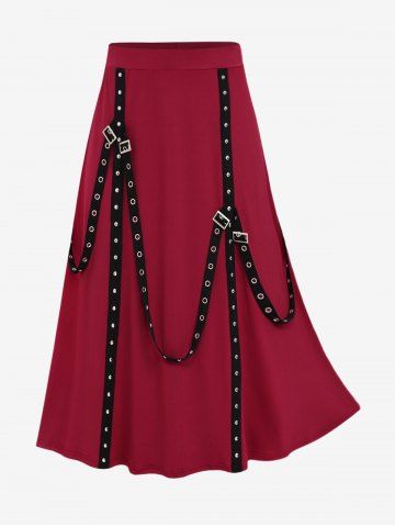 Plus Size Straps Tassel Buckle Grommet Ruched Rivet Skirt - DEEP RED - M | US 10