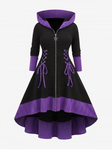 Plus Size Pentagram Zipper Lace Up Hooded Sweater Dress - BLACK - L | US 12