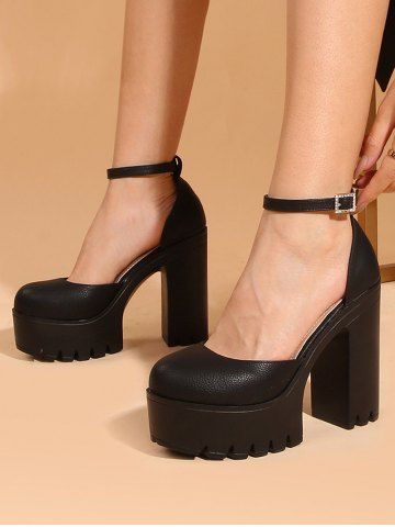 Women's Solid Color Platform Block High Heels Rhinestone Decor Ankle Strap Slingback Pumps - BLACK - EU 37