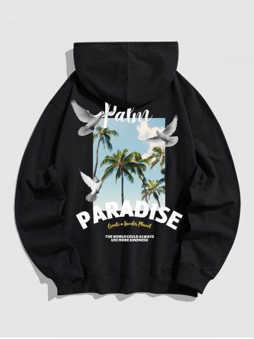 Men's PARADISE Letter Coconut Tree Graphic Pattern Kangaroo Pocket Pullover Hoodie - BLACK - 2XL