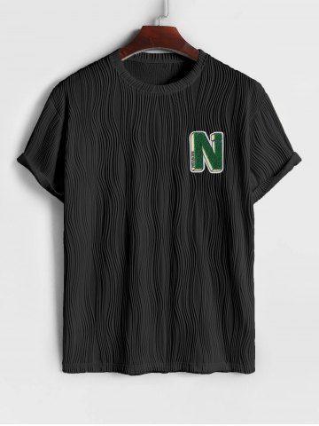 Wave Jacquard Textured Fluffy Letter Applique Short Sleeves T Shirt - BLACK - S
