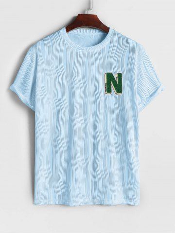 Wave Jacquard Textured Fluffy Letter Applique Short Sleeves T Shirt - LIGHT BLUE - S