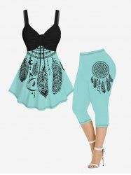 Feather Moon Dreamcatcher Printed Cinched Tank Top and Capri Leggings Plus Size Outfit -  