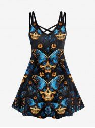 Gothic Butterfly Skull Floral Glitter Print Crisscross Halloween Cami Dress -  
