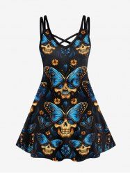 Gothic Butterfly Skull Floral Glitter Print Crisscross Halloween Cami Dress - 5x  