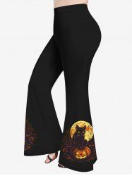 Plus Size Pumpkin Cat Moon Tree Glitter Print Halloween Flare Pants -  