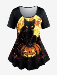 Plus Size Pumpkin Cat Moon Tree Glitter Print Halloween T-shirt -  