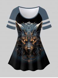 Gothic Wolf Glitter Print Striped Raglan Sleeves T-shirt -  