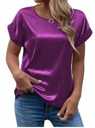 Plus Size Roll Up Sleeves Silky Solid Short Sleeves T-shirt -  