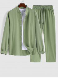 Men's Minimalist Style Solid Color Stand Collar Long Sleeves Button Front Shirt and Drawstring Pants Set -  