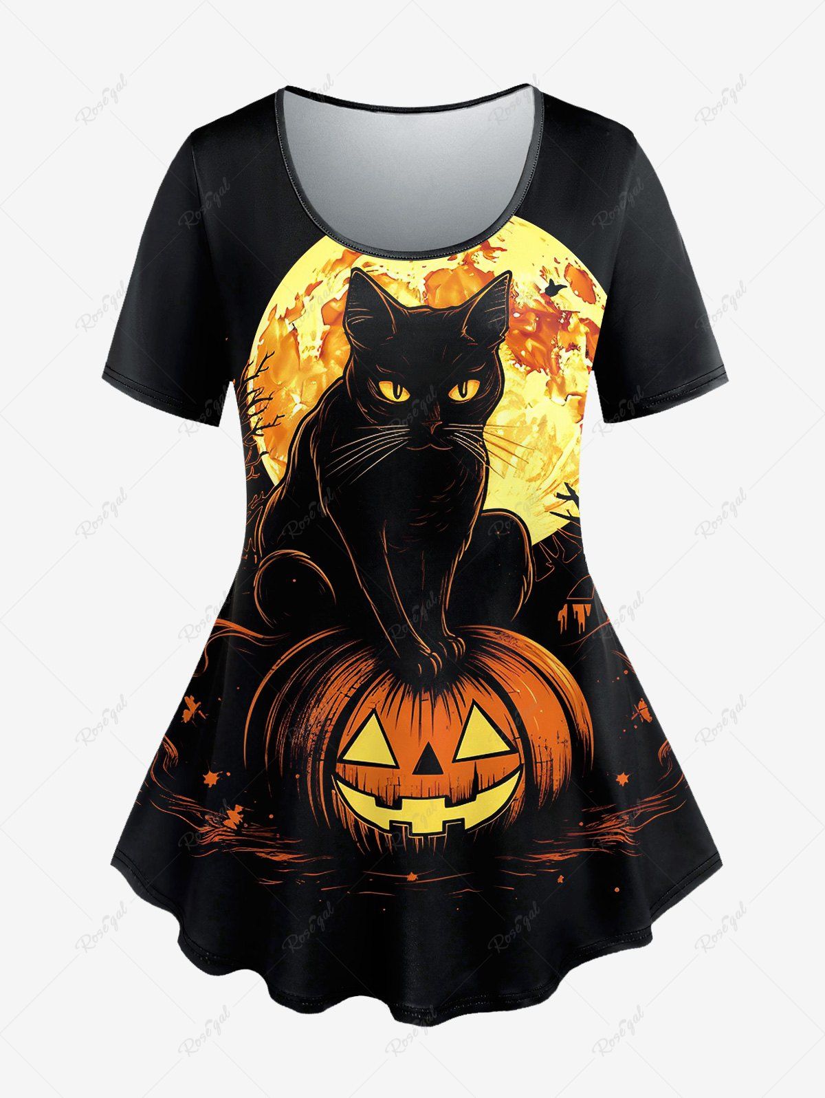 Plus Size Pumpkin Cat Moon Tree Glitter Print Halloween T-shirt Noir XS