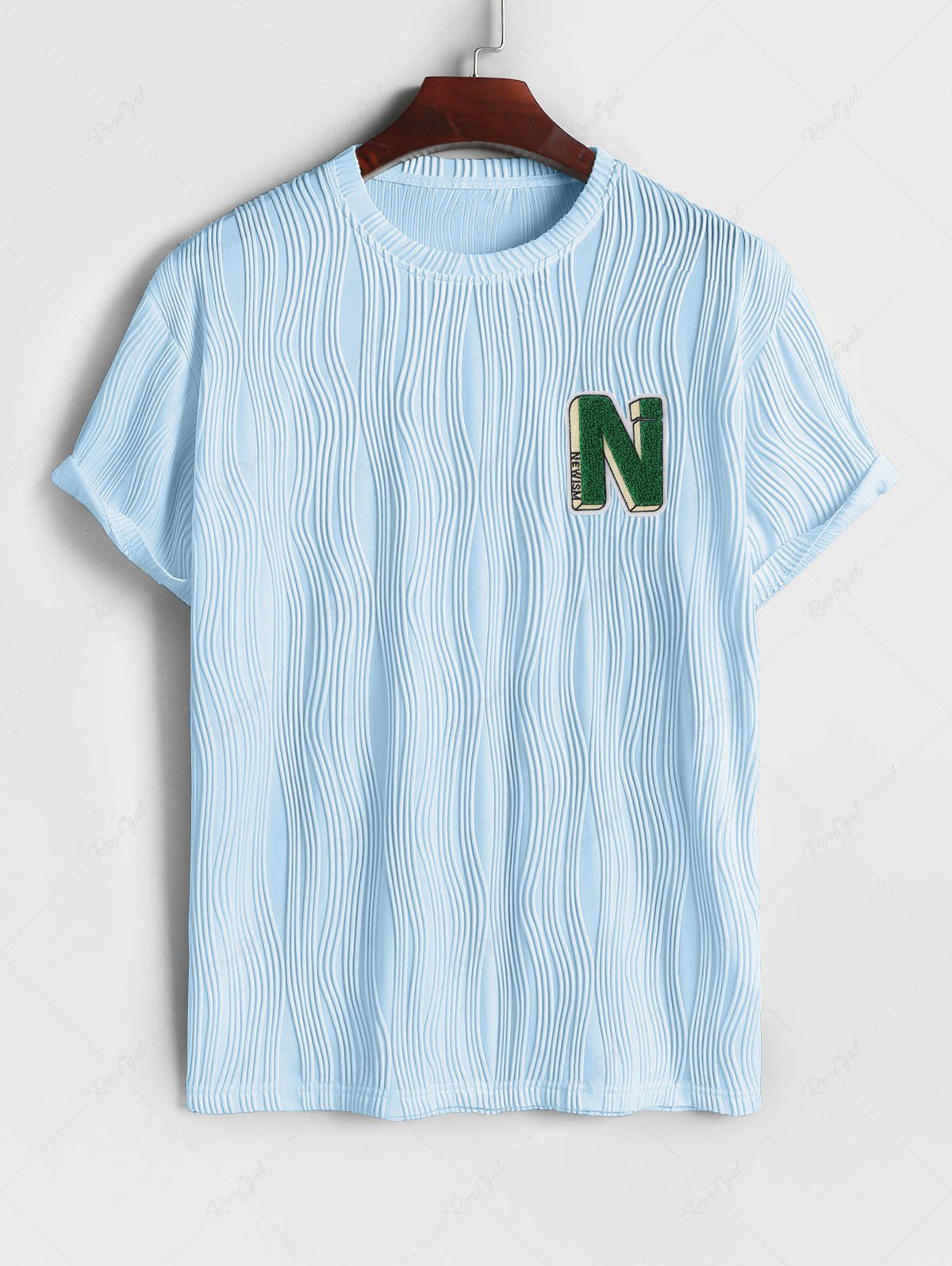 Discount Wave Jacquard Textured Fluffy Letter Applique Short Sleeves T Shirt  