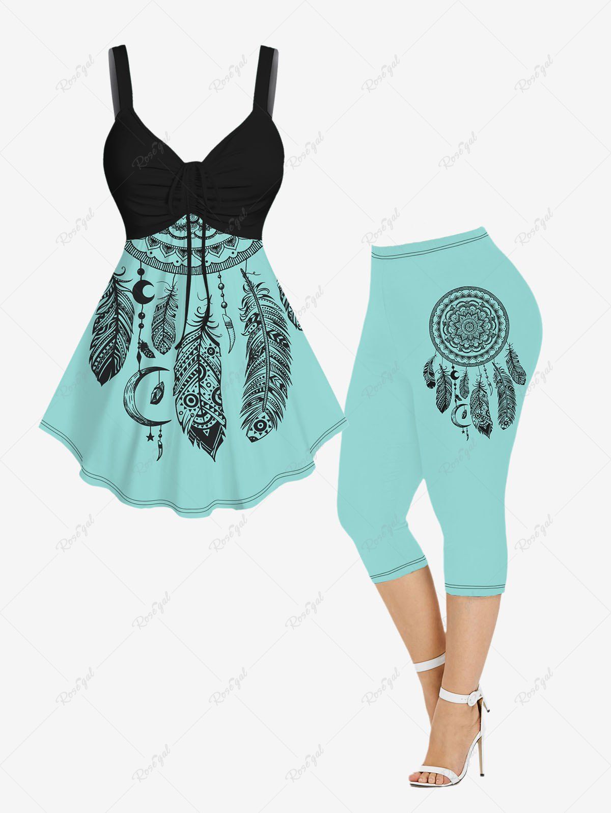 Affordable Feather Moon Dreamcatcher Printed Cinched Tank Top and Capri Leggings Plus Size Outfit  