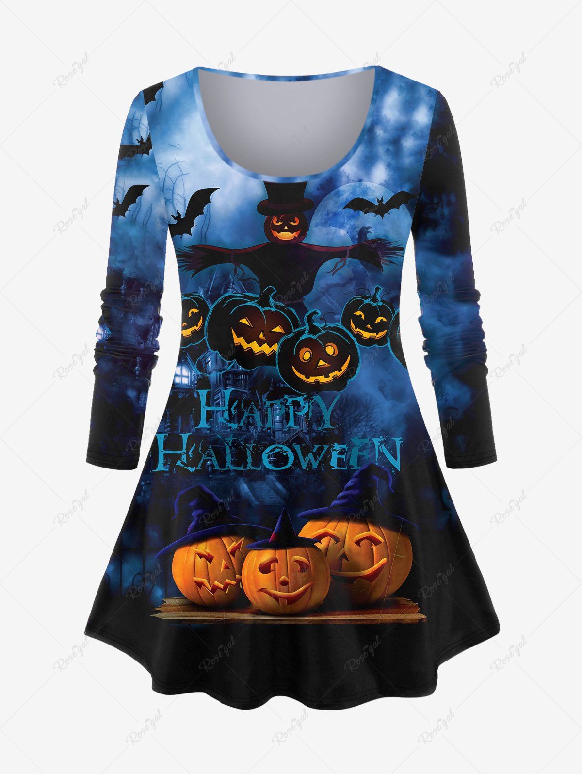 Outfits Plus Size Halloween Pumpkin Bat Ombre Scarecrow Print T-shirt  
